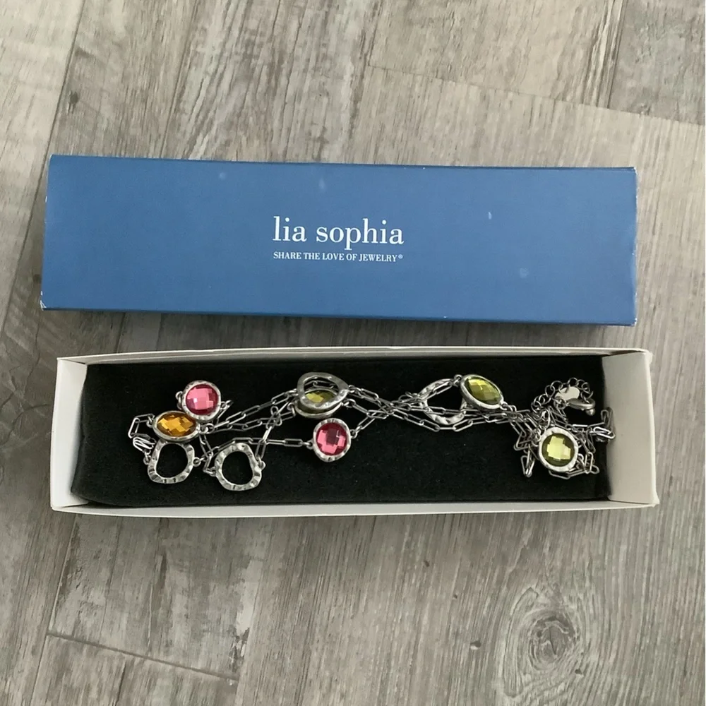 Vintage Signed Lia Sophia Paper Clip Chain Abstract Pastel Glass Stone Necklace